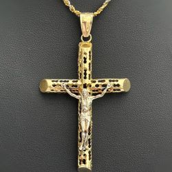 Jewelry 14k Two-Tone Solid Yellow Gold Cross Jesus Religious Cross Pendant charm