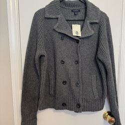 Lands End Size XLarge Gray Wool Double Breasted Button Cardigan 