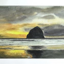 Haystack Rock, Cannon beach Watercolor Print. 