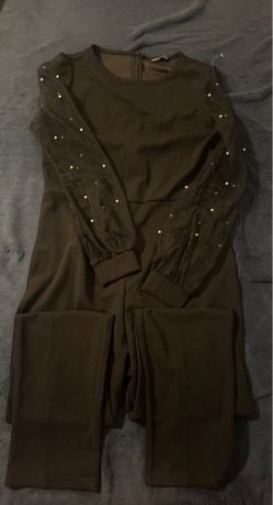SHEIN Black Jumpsuit with Sheer Pearl Sleeves