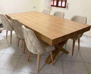 Wood Dining Table with 6 Upholstered Chairs