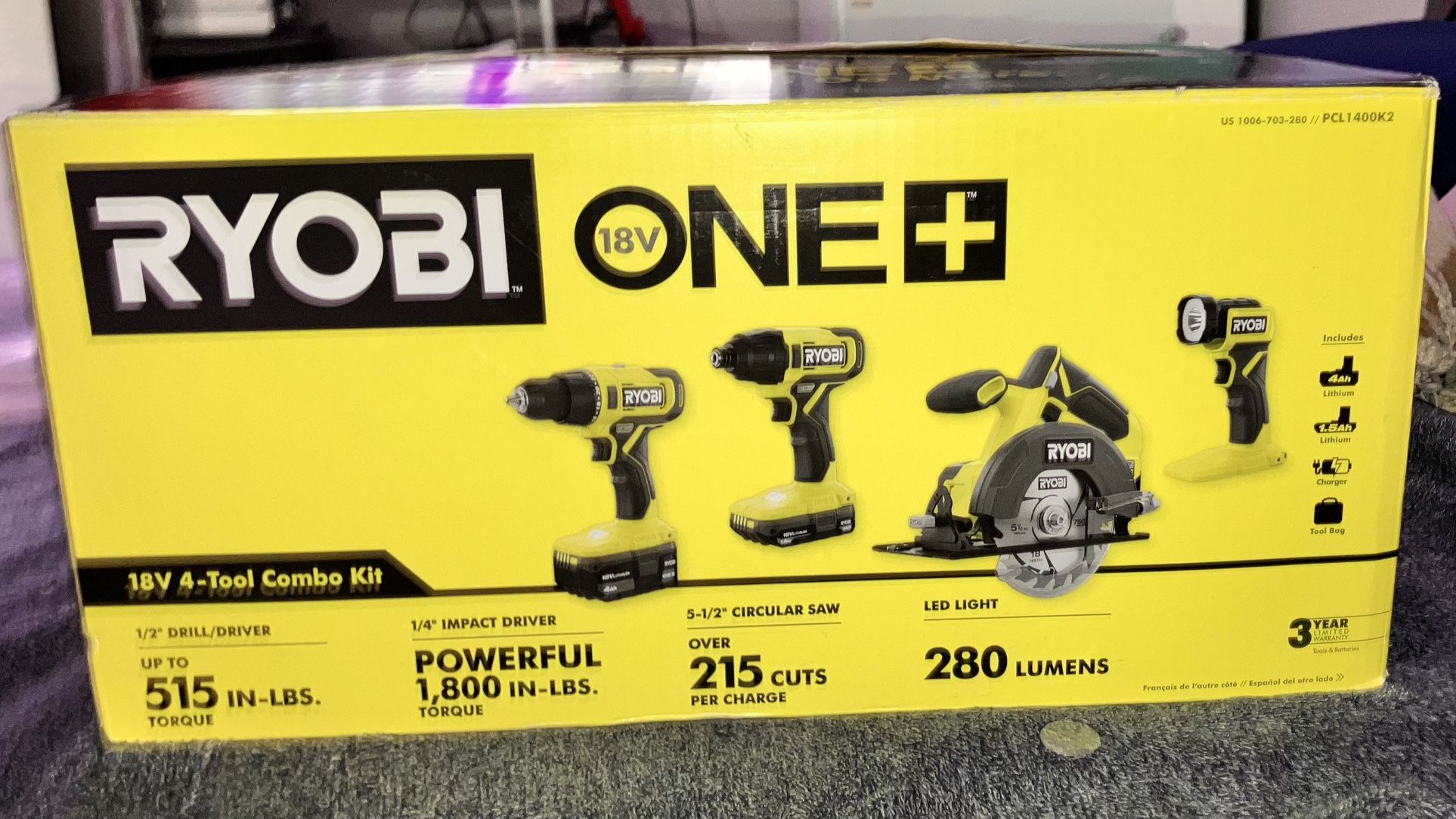 ONE+ 18V Cordless 4-Tool Combo Kit with 1.5 Ah Battery, 4.0 Ah Battery, and Charger