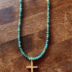 Hammered Gold Cross Turquoise Necklace