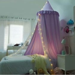 Princess Bed Netting Canopy Round Dome Canopy Blackout Mosquito Repellent Mosquito Net with Star String Lights (Purple)