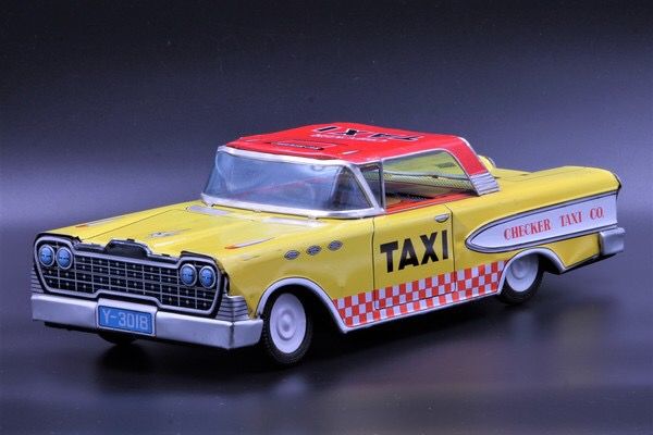 1958 Edsel Yellow Checker Taxi, vintage Japanese tin litho friction toy car, large 13 1/2 inches