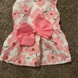 Small Female Dog Dress , Pink Flowers , Bow In Front, 