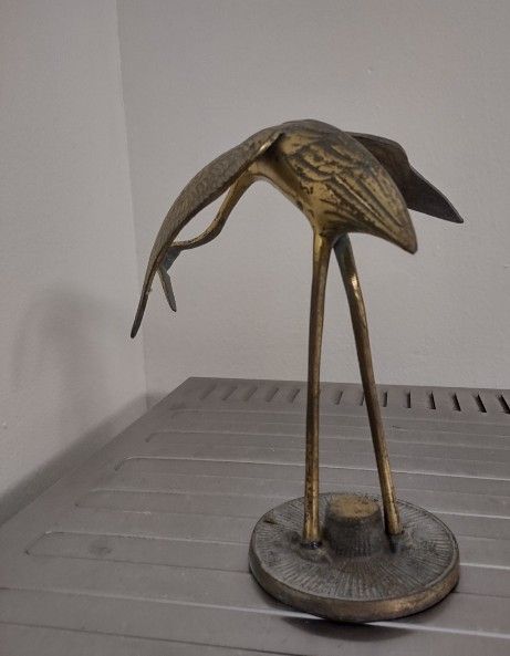 Vintage MCM Brass Crane Egret Heron Coastal Bird Statue Sculpture Natural Patina