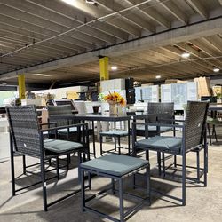 Brand new 9 Pcs Patio Dining Sets Outdoor Space Saving Rattan Chairs with Glass Table Top Grey Wicker + Dark Grey Cushion $300  Pickup: 📍 3749 Scott 