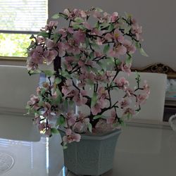 Vintage Pink Blossom Bonsai Tree in Ornate Ceramic Pot