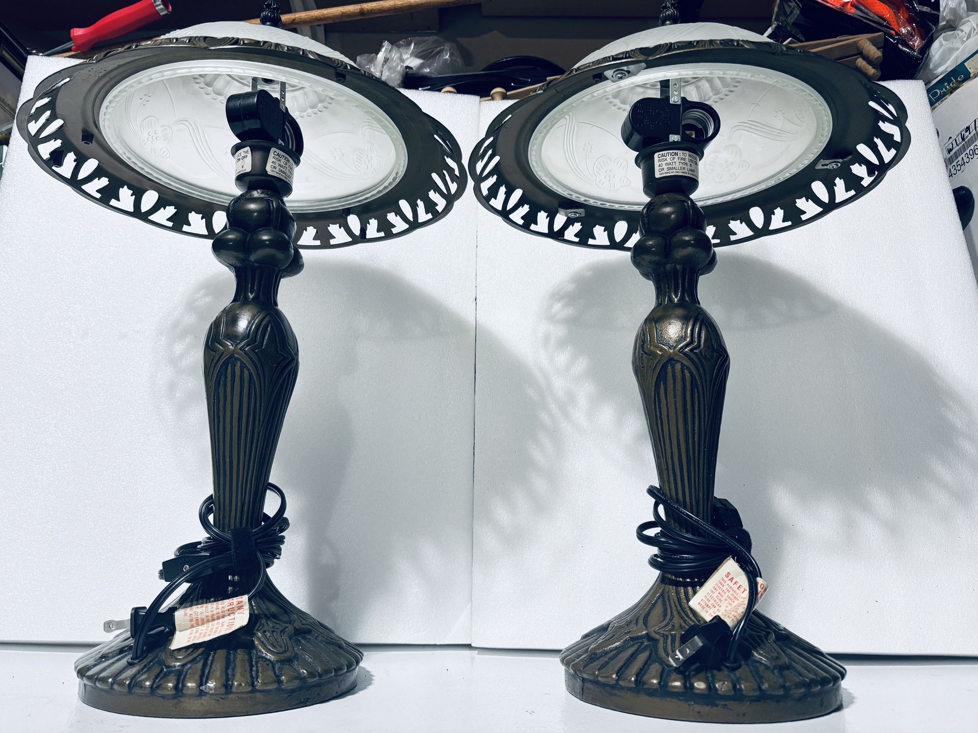 Two Vintage desk  frosted glass lamps/ flower, bronze 