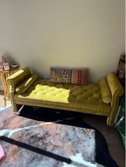 Mustard Velvet Tufted Accent Bench / Loveseat – Boho Luxe Style