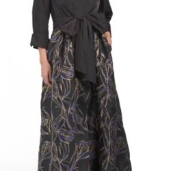 ADRIANNA PAPELL Collared Shirt Dress Gown With Jacquard Floral Skirt