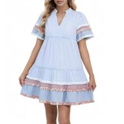 Women Striped  Blue & White Mini Dress V Neck  Flowy Fringe Babydoll Dress Large