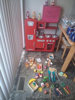 Kids Red Wooden Play Kitchen with Food Accessories