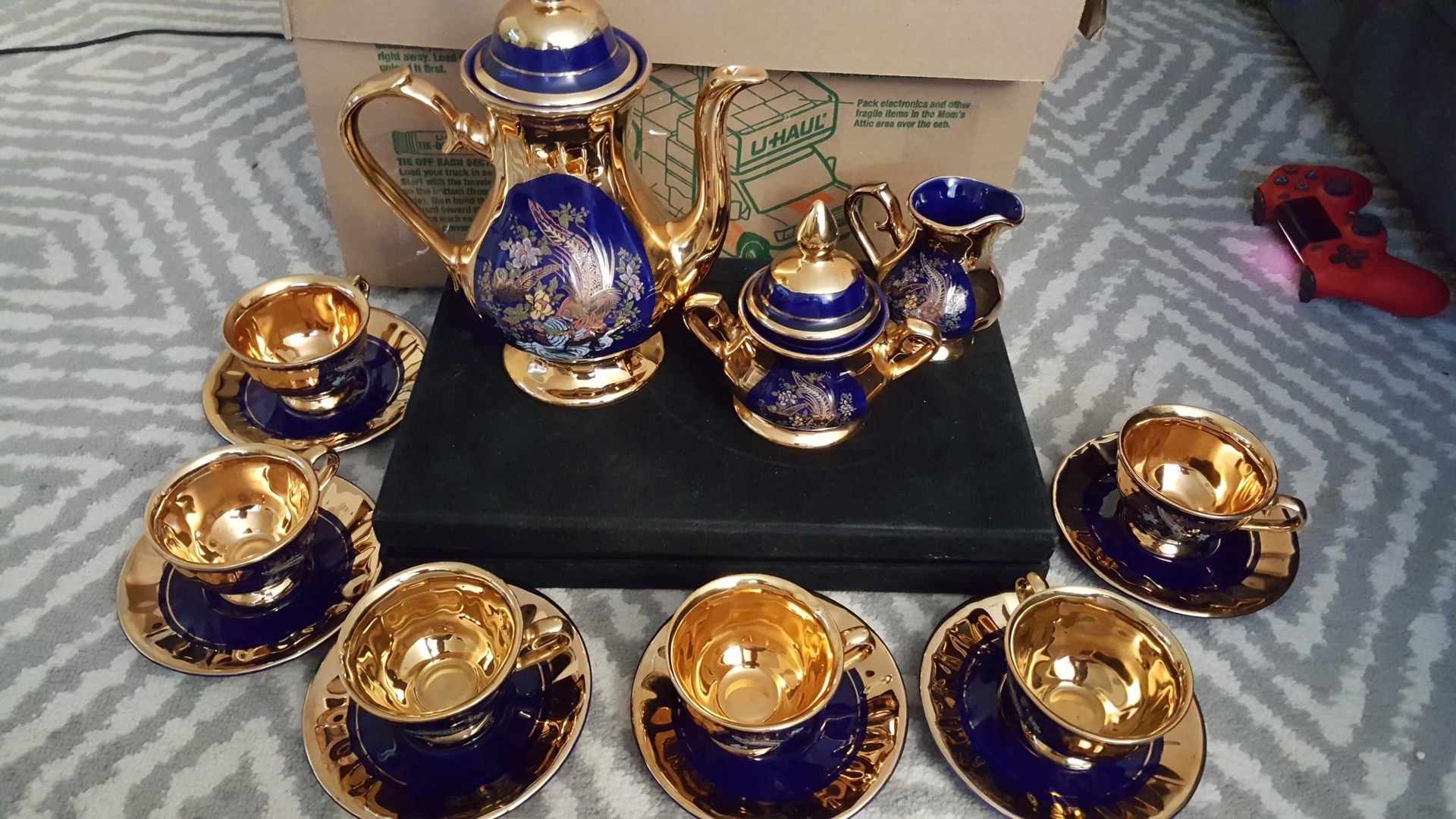 Neiman Marcus Estel Porcelain Gold Plated Iridescent Blue Tea Coffee Pot Set
