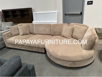 New 125” Deep Seating Comfortable Couch, Sectional, Large Sectional, Corduroy Sectional, Camel Beige Sectional, Brown Sectional With Round Chaise, Sof