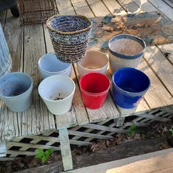 6 Ceramic Pots And 2 Boho Pot Covers
