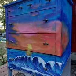 Handpainted Sunset Beach Vintage Chest Of Drawers Boho Farmhouse Ocean Coastal Beach Sunset Ocean Nautical