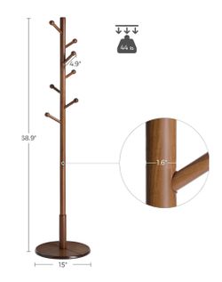 VASAGLE Solid Wood Coat Rack Free Standing Hall Tree w/ Hooks - Walnut