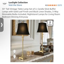 33'' Tall Vintage Table Lamp Set Of 2, Candle Stick Buffet Lamps With Gold Leaf Finish And Black Linen Shades, 3-Way Dimmable Bulbs Included, Nightsta