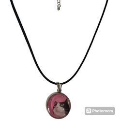 Stainless Steel Black & White Cat Pendant 1 Inch w/ Suede 18” Chain