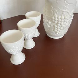 Vintage Milk Glass Pitcher And 3 Goblets