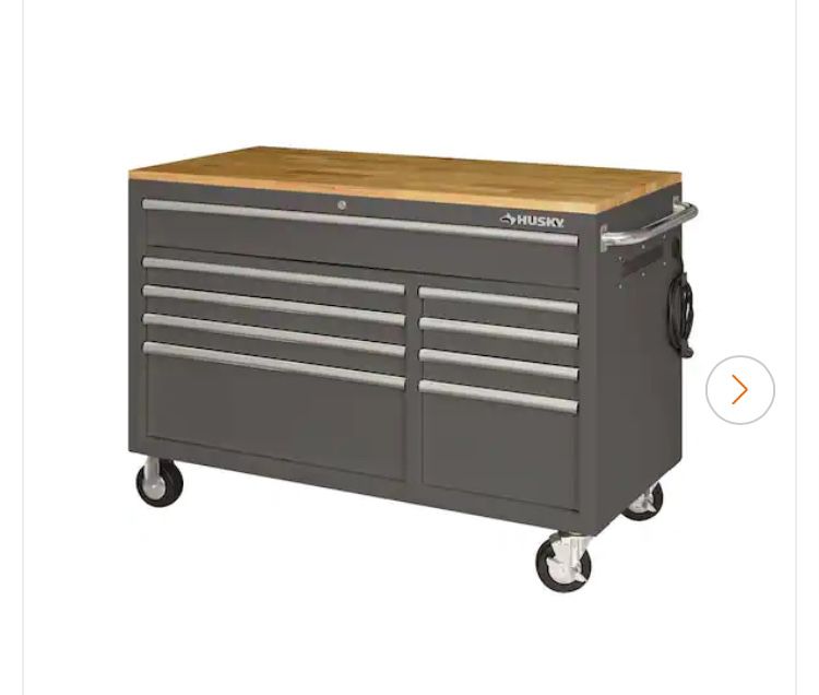 BRAND NEW IN BOX Husky 52 in. W x 25 in. D Standard Duty 9-Drawer Mobile Workbench Cabinet with Solid Wood Top in Gloss 