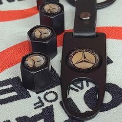 Mercedes-Benz Titanium Valve Stem Cap Cover And Keyring Matching Set 