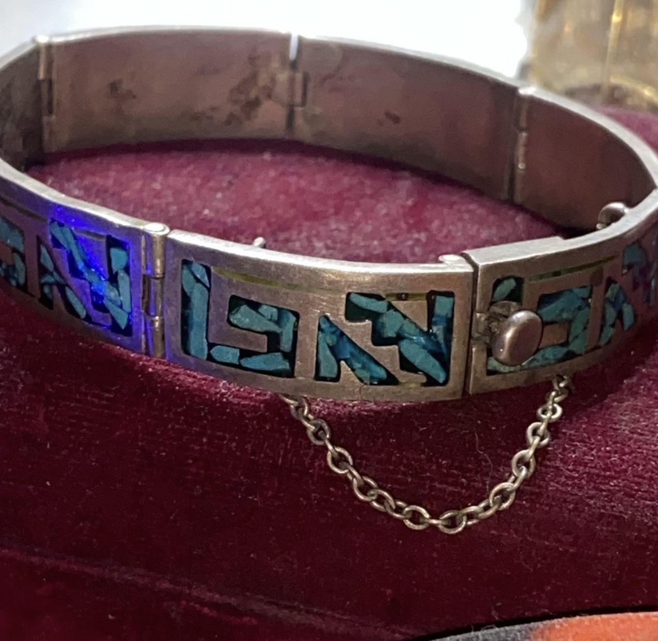 Silver vintage taco Mexico, crush/chipped, blue turquoise inlay