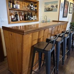 Wood Home Bar With 4 Stools