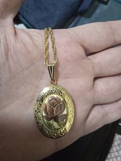 Vintage Locket Pendant Chain Rose Cameo Gold tone