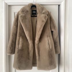 ZARA Faux Fur Teddy Coat Eucalyptus Green Soft Plush Jacket Women’s XS