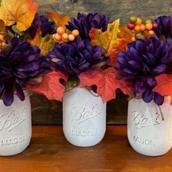 Chalk painted mason jar gift wedding - PURPLE ORANGE GOLD mums fall