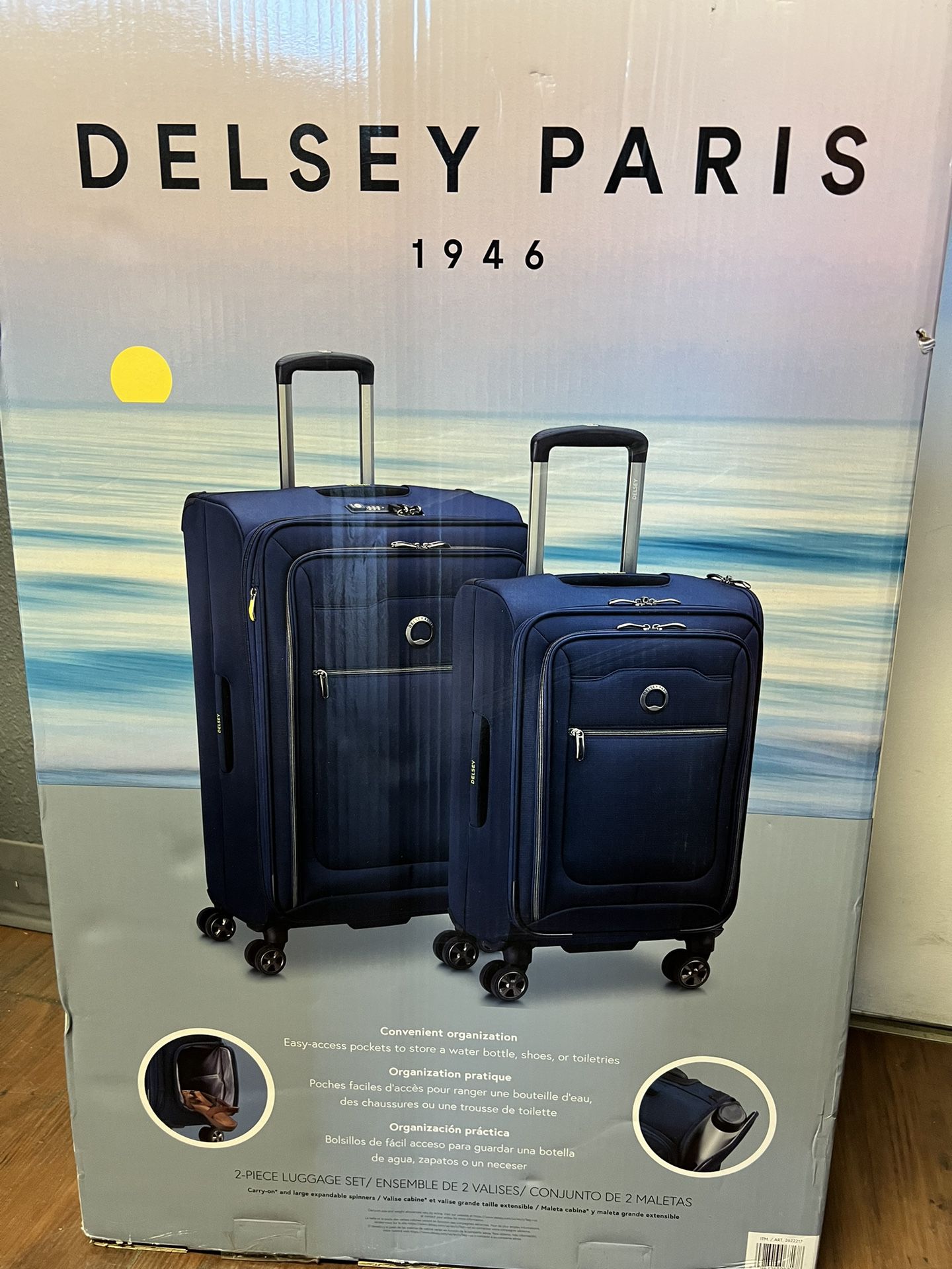 2 PIECE BLUE Delsey Paris Soft Sided Spinner Carryon Checked Bag Luggage 30" 23"
