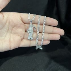 925 Sterling Silver Small CZ Santa Muerte Grim Reaper & Curb Chain