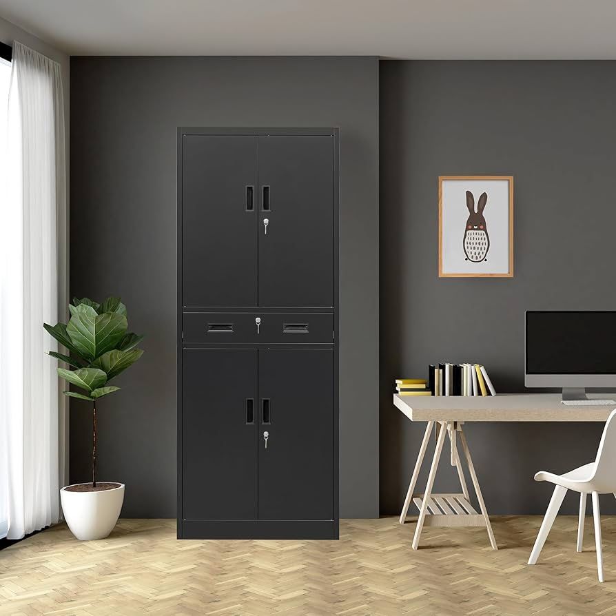 Metal Storage Cabinet, 71" H x 28" W x 16" D Locking Storage Cabinet with Adjustable Shelves and One Drawer, Steel Storage Cabinet for Office, Garage,