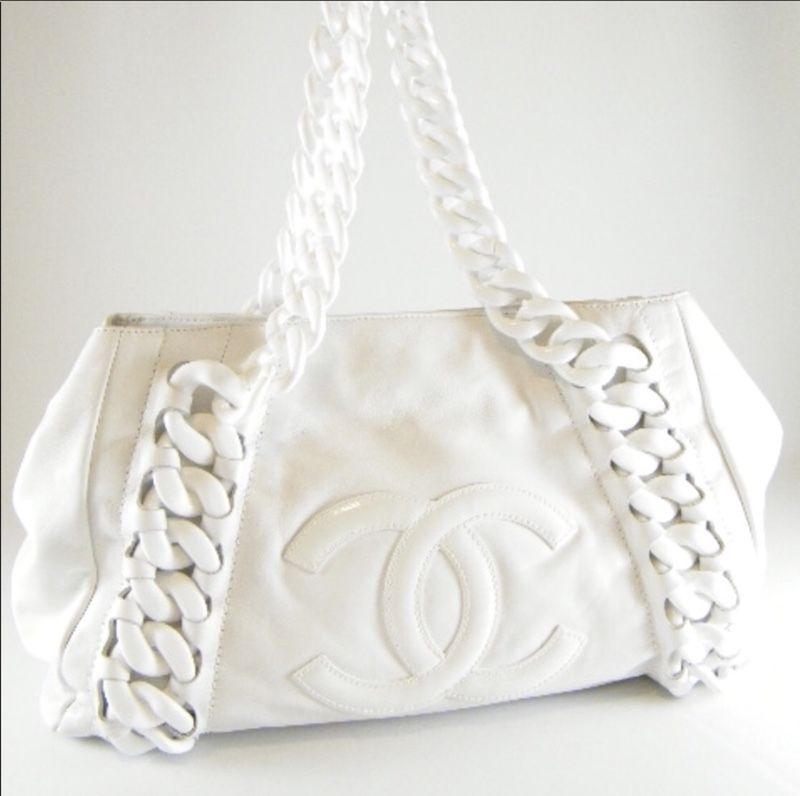 CHANEL RHODOID WHITE CALFSKIN MODERN CHAIN LARGE TOTE