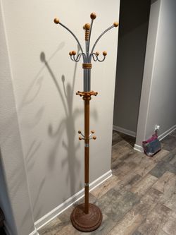 New 73" Tall Chrome and Wood Coat Rack, Oak finish Coat Rack Freestanding Easy Assembly for Hanging Clothes,Bags,Coat Hanger for Hallway 