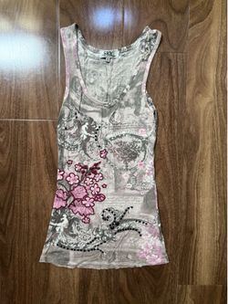 Vintage SPY Gray and Pink Floral Embroidered Tank Top