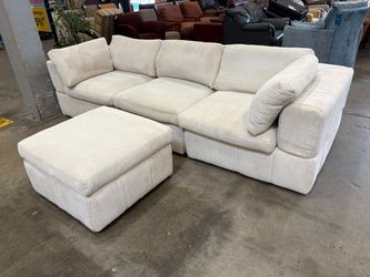 Modern 4 Piece Modular Ivory Corduroy Sofa and Ottoman