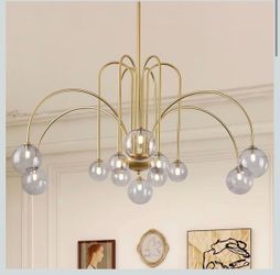 Modern Gold Sputnik Chandelier Mid Century 12 Lights Large L52” Smoke Glass Globe Pendant Light Fixture for High Ceiling Foyer Staircase Living Dining