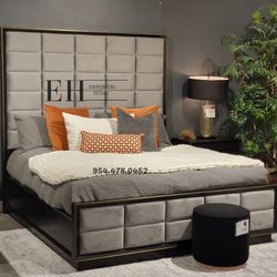 Real Wood Queen Bed Velvet Grey Brown Bed Contemporary 