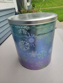 MERRY AND BRIGHT large metal popcorn tin (empty) 12" diameter, 14" height