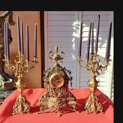 Antique Bronze Clock And Candelabra Set Battery Operated 