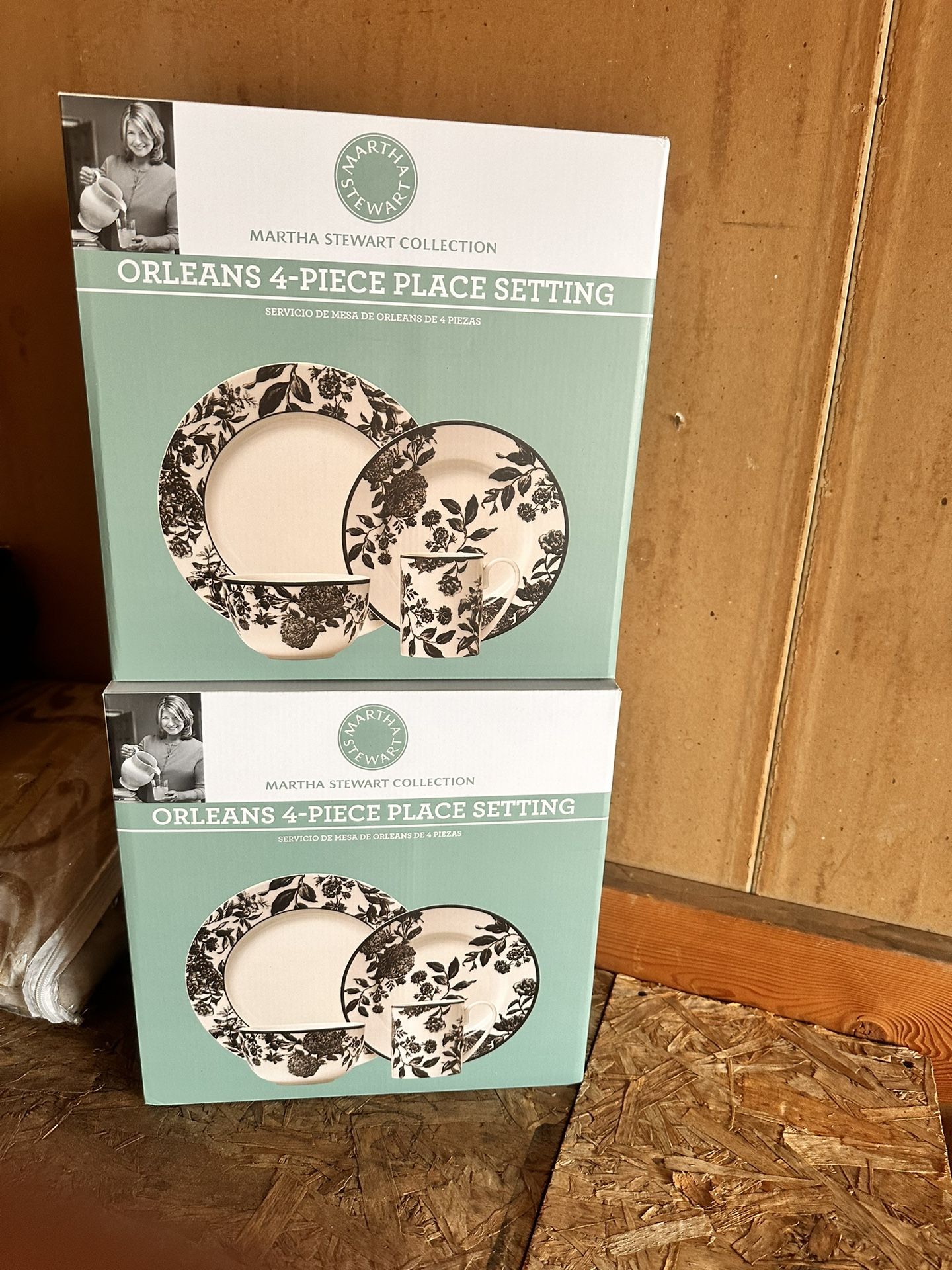 2 Martha Stewart Collection Orleans 4-Piece Place Setting, which includes dinnerware with a black and white floral pattern.