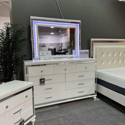 White Wooden Master Bedroom Furniture Set ✨ Dresser, Nightstand, Chest, Mattress, Bed Queen & King 