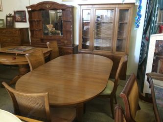 9-PC Vintage Dining Set w/ Hutch, 3 Leafs, 4 Cane Chairs, & Felt Cover