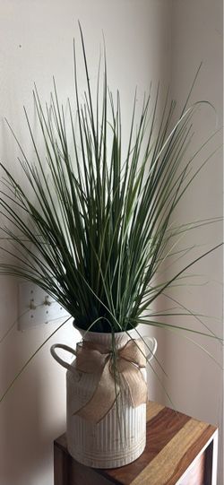 Faux Grass Arrangement in White Ribbed Vase