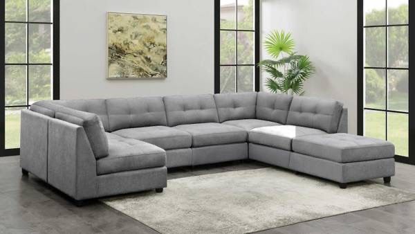 **SALE** Beautiful 7 Piece Modular sectional with Ottoman in Super Soft Grey Fabric