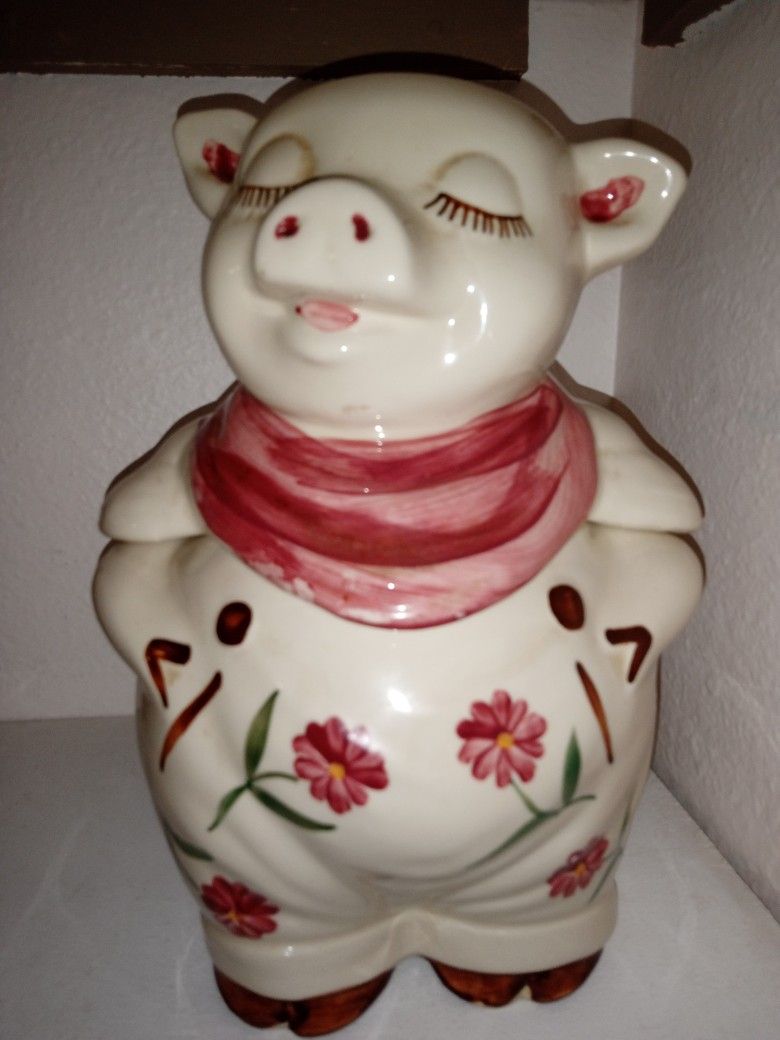 👀 Vintage Shawnee Pottery USA Ceramic Pig Cookie Jar Rare Pink Flowers 9.5/10